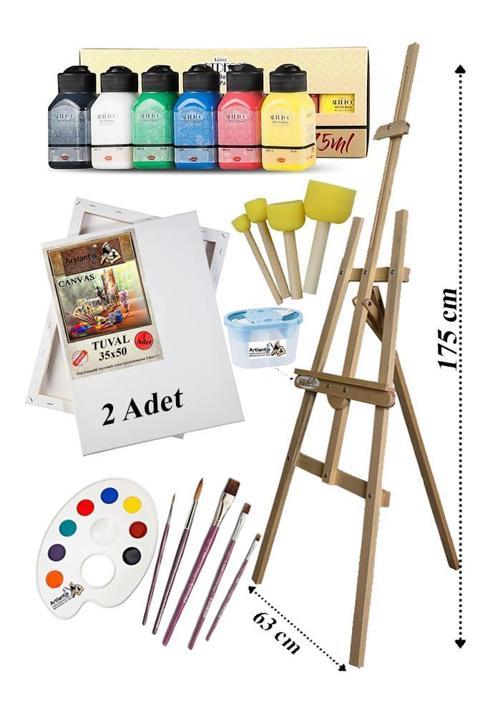 Akrilik Boya Resim Seti Artdeco 6 Ana Renk 75 ml Akrilik Boya Şövalye 2 Tuval 35x50 Fırça Spatula Şövale