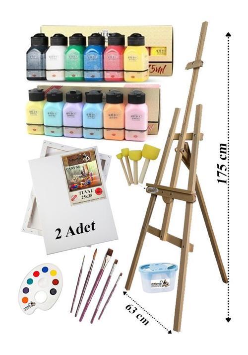 Akrilik Boya Resim Seti Artdeco 12 Renk 75 ml Akrilik Boya Şövalye 2 Tuval 25x35 Fırça Spatula Şövale