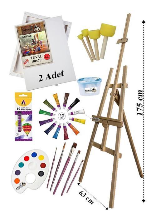 Akrilik Boya Resim Başlangıç Seti Adel 12 Renk Akrilik Boya Şövalye 2 Tuval 50x70 Fırça Spatula Şövale