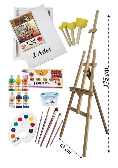 Akrilik Boya Resim Başlangıç Seti Adel 6 Ana Renk Akrilik Boya Şövalye 2 Tuval 50x70 Fırça Spatula Şövale