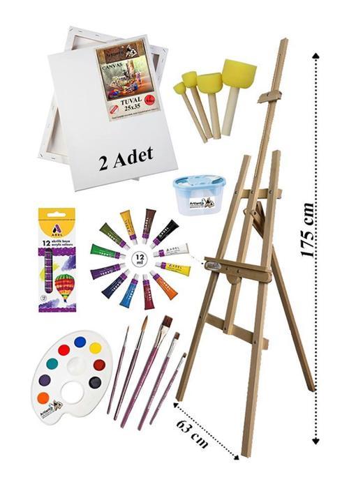 Akrilik Boya Resim Başlangıç Seti Adel 12 Renk Akrilik Boya Şövalye 2 Tuval 25x35 Fırça Spatula Şövale