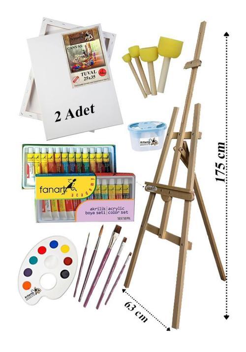 Akrilik Boya Resim Seti Fanart 12 Renk Akrilik Boya Şövalye 2 Tuval 25x35 Fırça Spatula Palet Şövale
