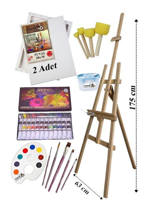 Akrilik Boya Resim Başlangıç Seti Maries 12 Renk Akrilik Boya Şövalye 2 Tuval 50x70 Fırça Spatula Şövale