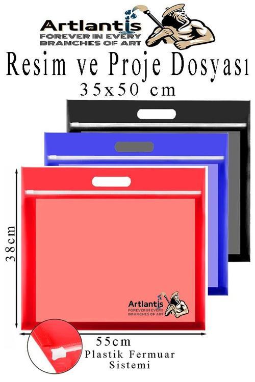 Renkli Plastik Fermuarlı Proje Dosyası 35x50 cm 3 Adet Tutmaçlı 38x55 cm Resim ve Proje Ödev Dosyası El Tutmalı