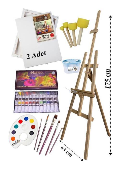 Akrilik Boya Resim Başlangıç Seti Maries 12 Renk Akrilik Boya Şövalye 2 Tuval 25x35 Fırça Spatula Şövale