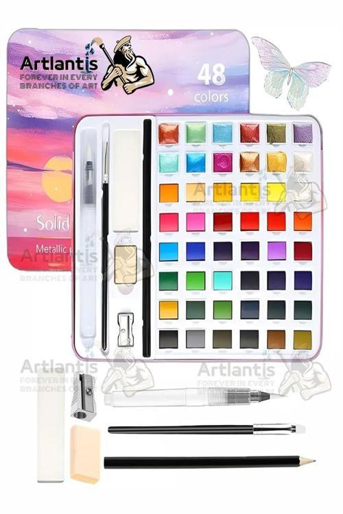 Tablet Sulu Boya 48 Renk Teneke Kutu 1 Paket 48 li Taş Sulu Boya Çıkarılabilir Tablet Suluboya Resim Hobi Sanat