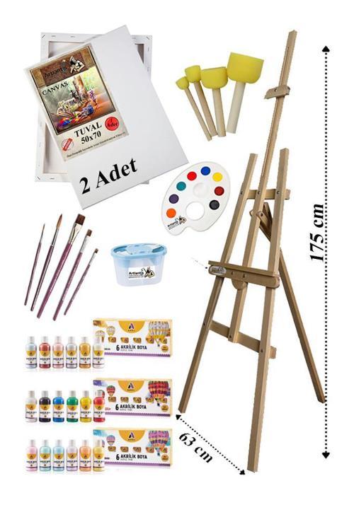 Akrilik Boya Resim Seti Adel 18 Renk Akrilik Boya Şövalye 2 Tuval 50x70 Fırça Spatula Palet Şövale
