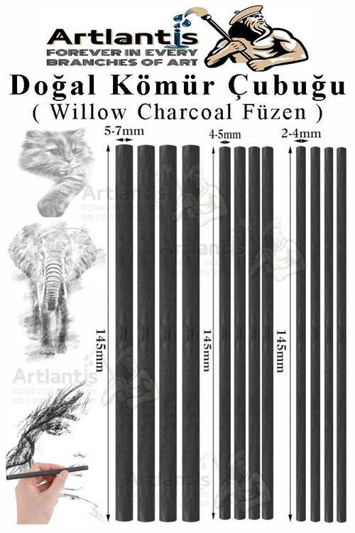 Kömür Çubukları Doğal Füzen 12 li 1 Paket Eskiz Karakalem Çizim Gölgeleme Kömürü Siyah Willow Charcoal Hobi Sanat
