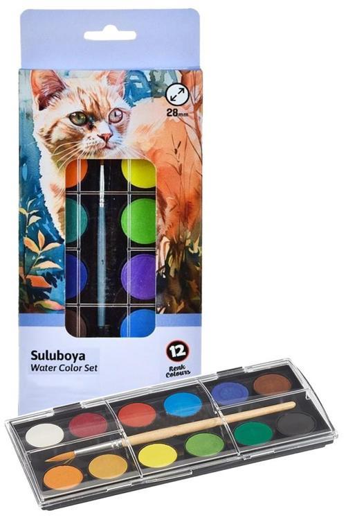12 Renk Sulu Boya 1 Paket Fırça Hediyeli 12 li Suluboya Canlı Renkler 28 mm Boya Çapı Büyük Boy Nova