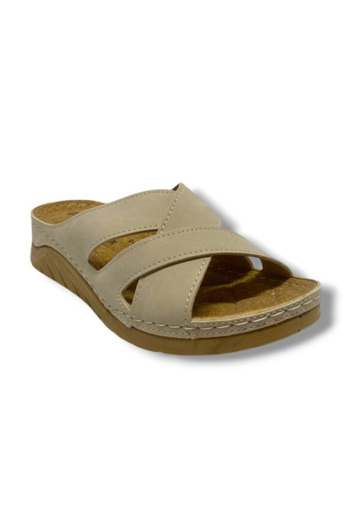 4003-25 Deri Comfort Çapraz 3 Bant Kadın Terlik