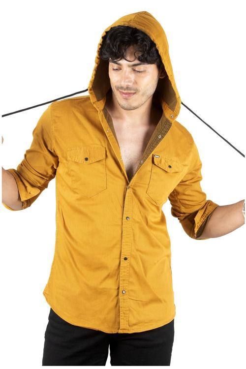 Erkek Hardal Sarısı  Kapüşonlu Cepli Slim Fit Likralı Kot Gömlek 2300396