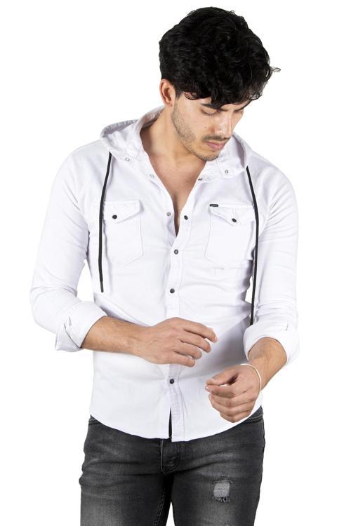 Erkek Beyaz  Kapüşonlu Cepli Slim Fit Likralı Kot Gömlek 2300396