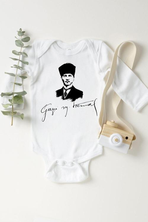 Unisex Bebek Beyaz Atatürk Gazi Mustafa Kemal Çıtçıtlı Body