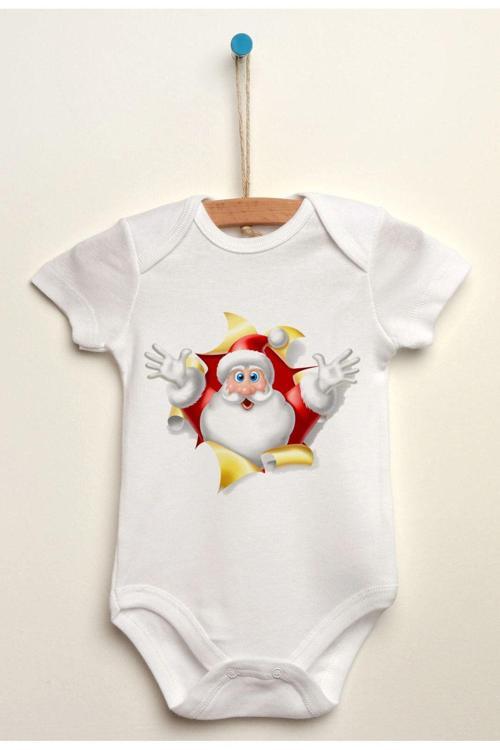 Yılbaşı Noel Merry Christmass Baskılı Organik Pamuklu  Beyaz Body Zıbın Çıtçıtlı