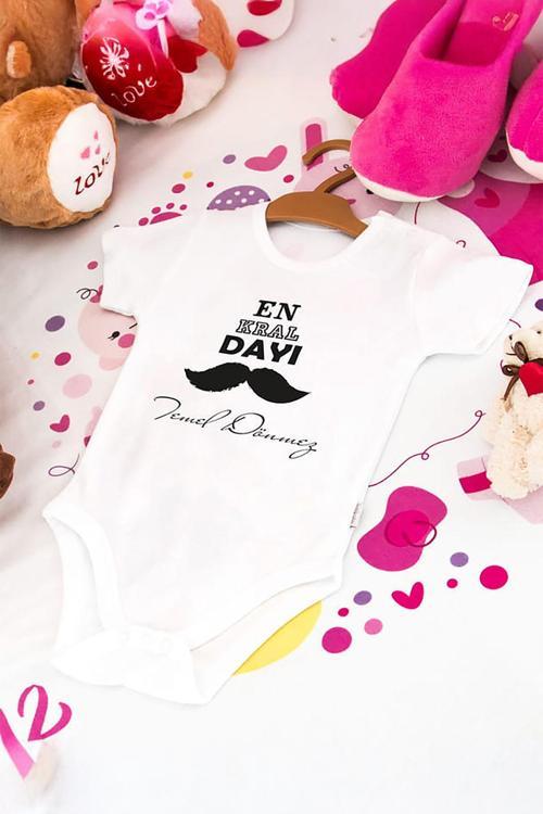 %100 Pamuk Kısa Kollu Kral Dayı Desenli Çıtçıtlı Bebek Body Zıbın Beyaz