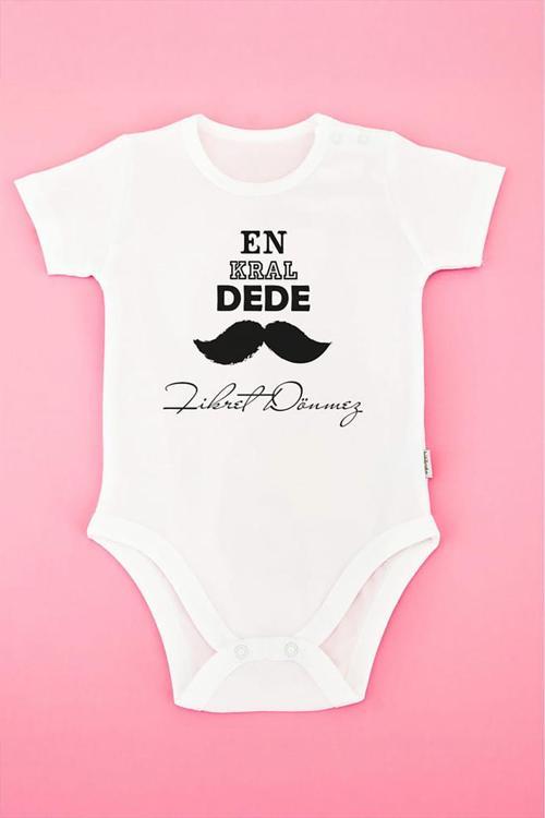 %100 Pamuk Kısa Kollu Kral Dede Desenli Çıtçıtlı Bebek Body Zıbın Beyaz