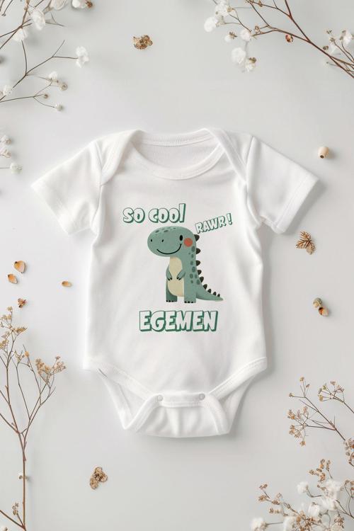 %100 Pamuk Kısa Kollu So Cool Dinozor Desenli Çıtçıtlı Bebek Body Zıbın Beyaz Kişiye Özel