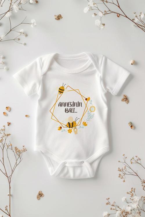 %100 Pamuk Kısa Kollu Annesinin Balı... Desenli Çıtçıtlı Bebek Body Zıbın Beyaz Anne