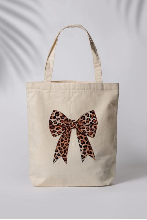 Leopar Desenli Fiyonk Baskılı Ham Bez Çanta Tote Bag Omuz Çantası