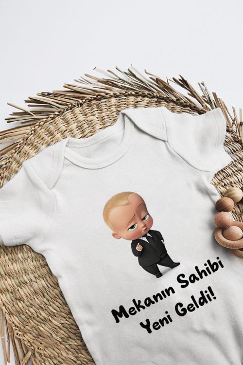Pamuk Kısa Kollu Mekanın Sahibi Yeni Geldi Desenli Çıtçıtlı Bebek Body Zıbın Beyaz