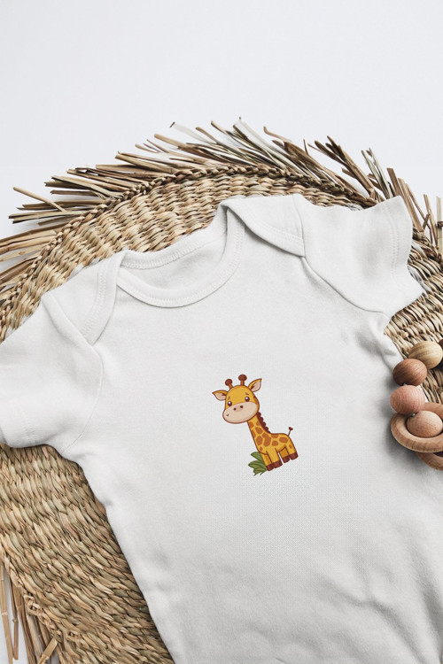 %100 Pamuk Kısa Kollu Sevimli Zürafa Desenli Çıtçıtlı Bebek Body Zıbın Beyaz