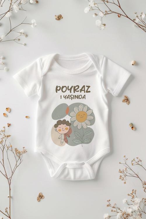 %100 Pamuk Kısa Kollu Ben İlk Yeni Yılım Desenli Çıtçıtlı Bebek Body Zıbın Beyaz