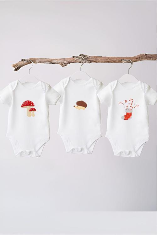 3'Lü Set %100 Pamuk Kısa Kollu Sevimli Orman Masalı Desenli Çıtçıtlı Bebek Body Zıbın Beyaz