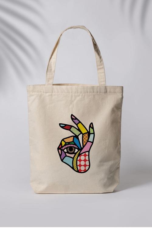Renkli Göz Motif Desenli Baskılı Ham Bez Çanta Tote Bag Omuz Çantası