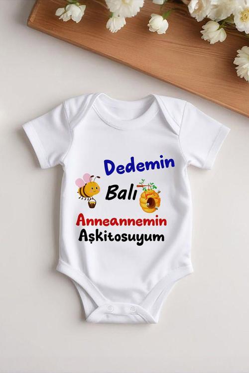 %100 Pamuk Kısa Kollu Dedemin Balı Anneannemin Aşkitosuyum Desenli Çıtçıtlı Bebek Body Zıbın Beyaz