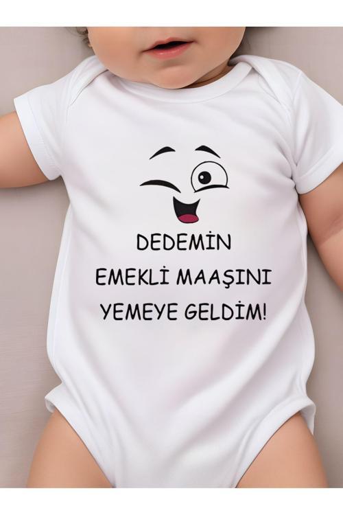 %100 Pamuk Kısa Kollu Dedemin Emekli Maaşını Yemeye Geldim Desenli Çıtçıtlı Bebek Body Zıbın Beyaz