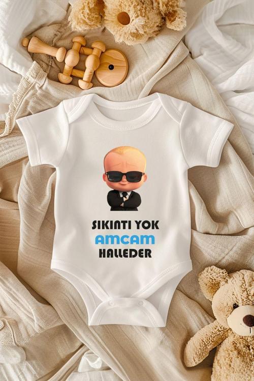 %100 Pamuk Kısa Kollu Sıkıntı Yok Desenli Çıtçıtlı Bebek Body Zıbın Beyaz Amcam