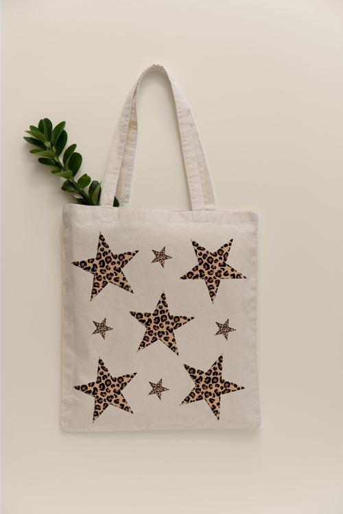 Star Leopar Desen Baskılı Ham Bez Çanta Tote Bag Omuz Çantası