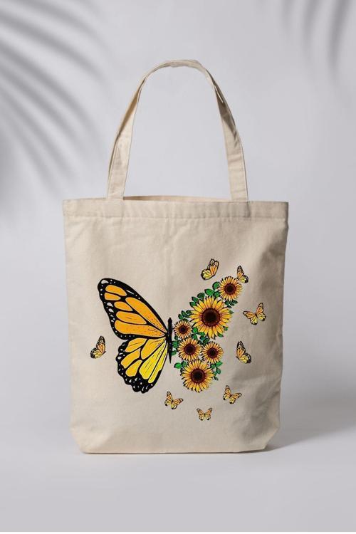 Sunflower And Butterfly Baskılı Ham Bez Çanta Tote Bag Omuz Çantası