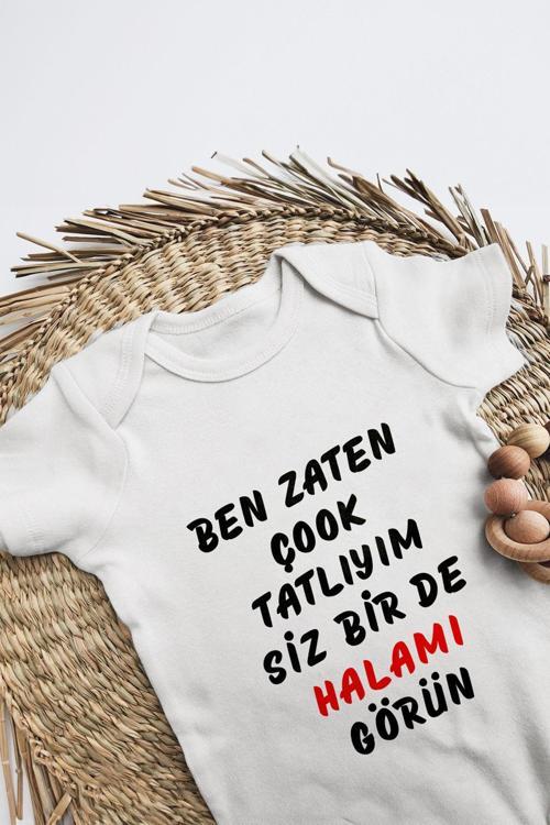 %100 Pamuk Kısa Kollu Ben Zaten Tatlıyım Desenli Çıtçıtlı Bebek Body Zıbın Beyaz Hala