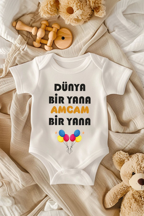 %100 Pamuk Kısa Kollu Dünya Bir Yana Desenli Çıtçıtlı Bebek Body Zıbın Beyaz Amca