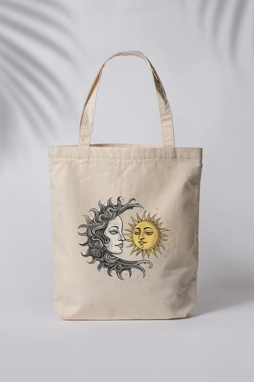 Güneş Ve Ay Baskılı Ham Bez Çanta Tote Bag Omuz Çantası