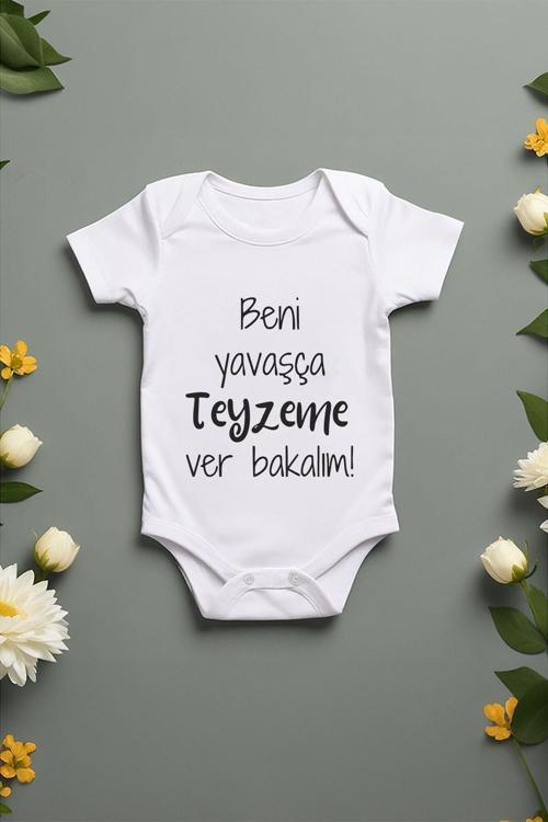 %100 Pamuk Kısa Kollu Beni Yavaşça Teyzeme Ver Bakalım Desenli Çıtçıtlı Bebek Body Zıbın Beyaz Teyze