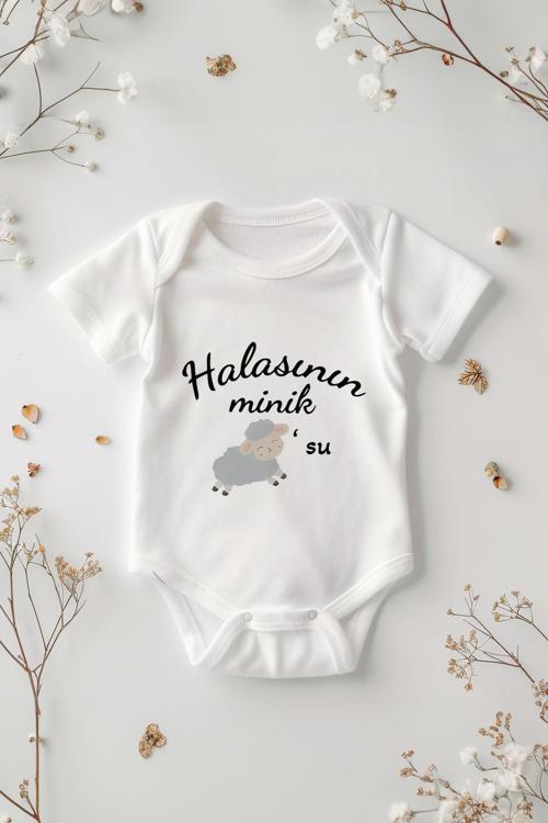 %100 Pamuk Kısa Kollu Halasının Kuzusu Desenli Çıtçıtlı Bebek Body Zıbın Beyaz