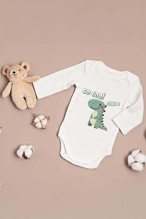 Pamuk Uzun Kollu So Cool Dinozor Desenli Çıtçıtlı Bebek Body Zıbın Beyaz