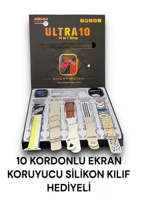 Smart Watch Ultra 10 49 Mm 10İn1 Akıllı Saat 10 Kordonlu Takvim Spor Whtspp Menülü Koruma Kılıflı