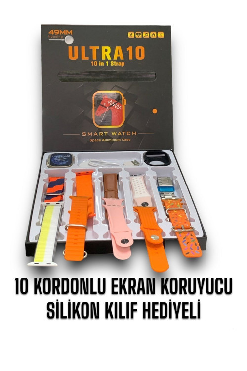 Smart Watch Ultra 10 49 Mm 10İn1 Akıllı Saat 10 Kordonlu Takvim Spor Whtspp Menülü Koruma Kılıflı