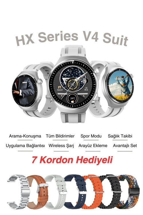 Hx Series V4 Suit Yuvarlak Akıllı Saat 7 Kordon Hediyeli Tüm Telefonlara Uyumlu Akıllı Saat