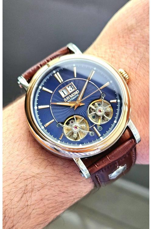 Rym-33002 Otomatik Çift Türbülon Erkek Kol Saati - Paslanmaz Çelik Kasa Ve Deri Kordon