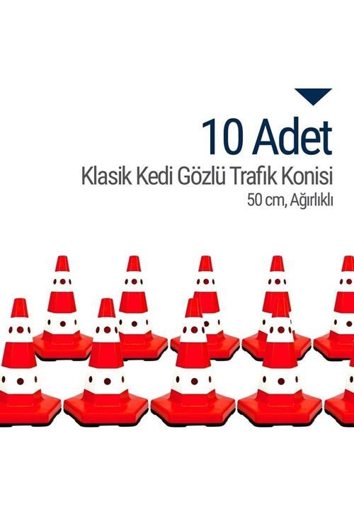 10 Adet Klasik Kedi Gözlü Trafik Konisi 50 Cm Trafik Dubası