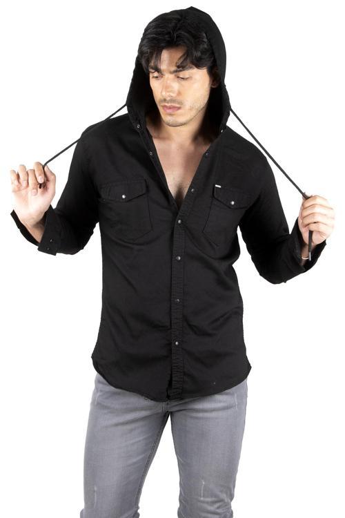 Erkek Siyah  Kapüşonlu Cepli Slim Fit Likralı Kot Gömlek 2300396