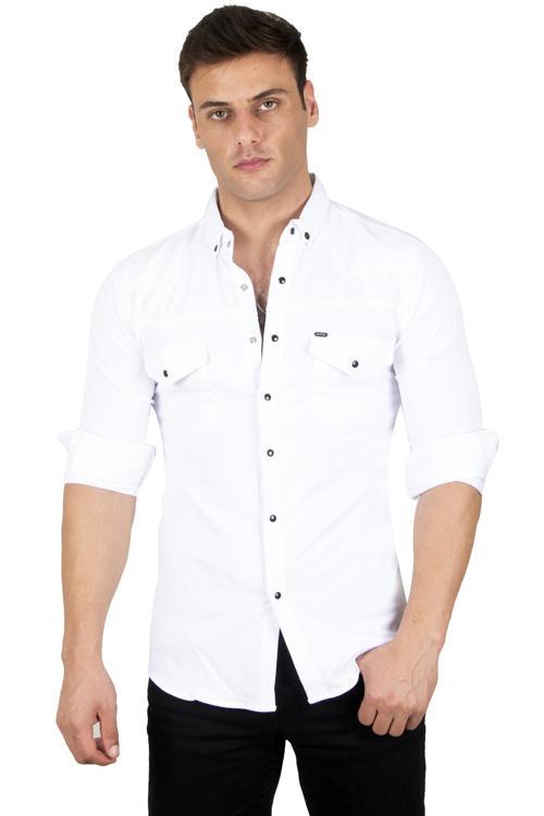 Erkek Beyaz Likralı Çıtçıtlı Çift Cepli Dar Kesim Gabardin Gömlek 2300419