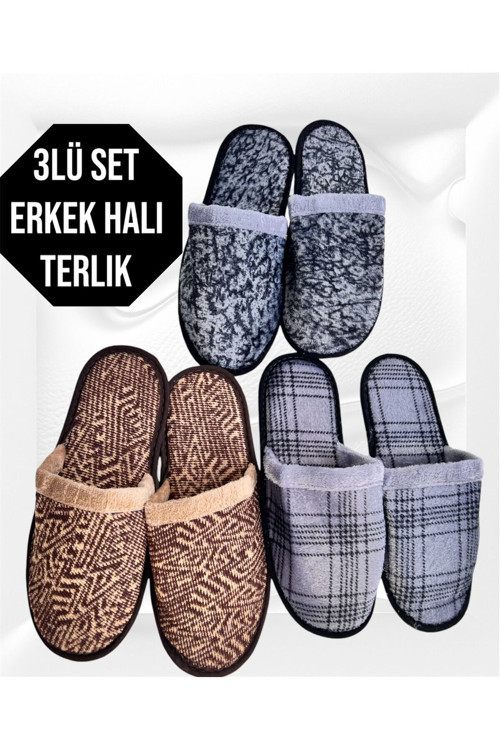 3,Lü Set Halı Erkek Ev Terliği Kış Terliği Halı Terliği