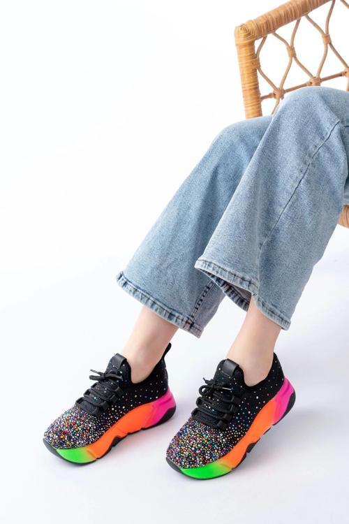 Rs-403 Siyah Bağcıklı Fileli Multi Taşlı Renkli Taban Günlük Kadın Spor