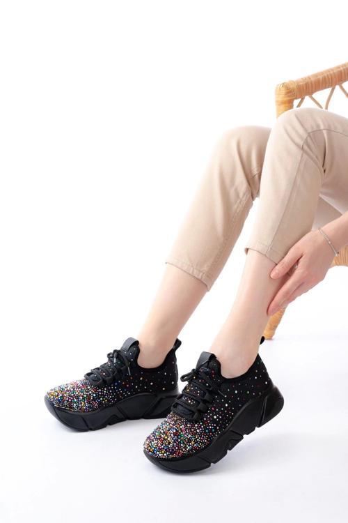 Rs-403 Siyah Bağcıklı Fileli Multi Taşlı Günlük Kadın Spor