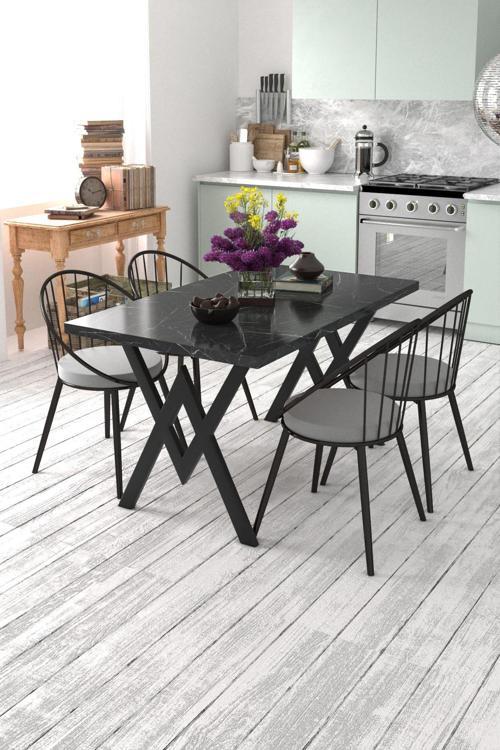 Eylül 4 Kişilik Mutfak Masası Takımı Siyah Mermer Desen Gri 120x80x74 cm